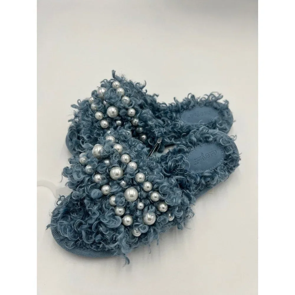 Cat Jack Girls Fuzzy Slippers Pearls Blue Size 3 Slides‎ Faux Fur NWT